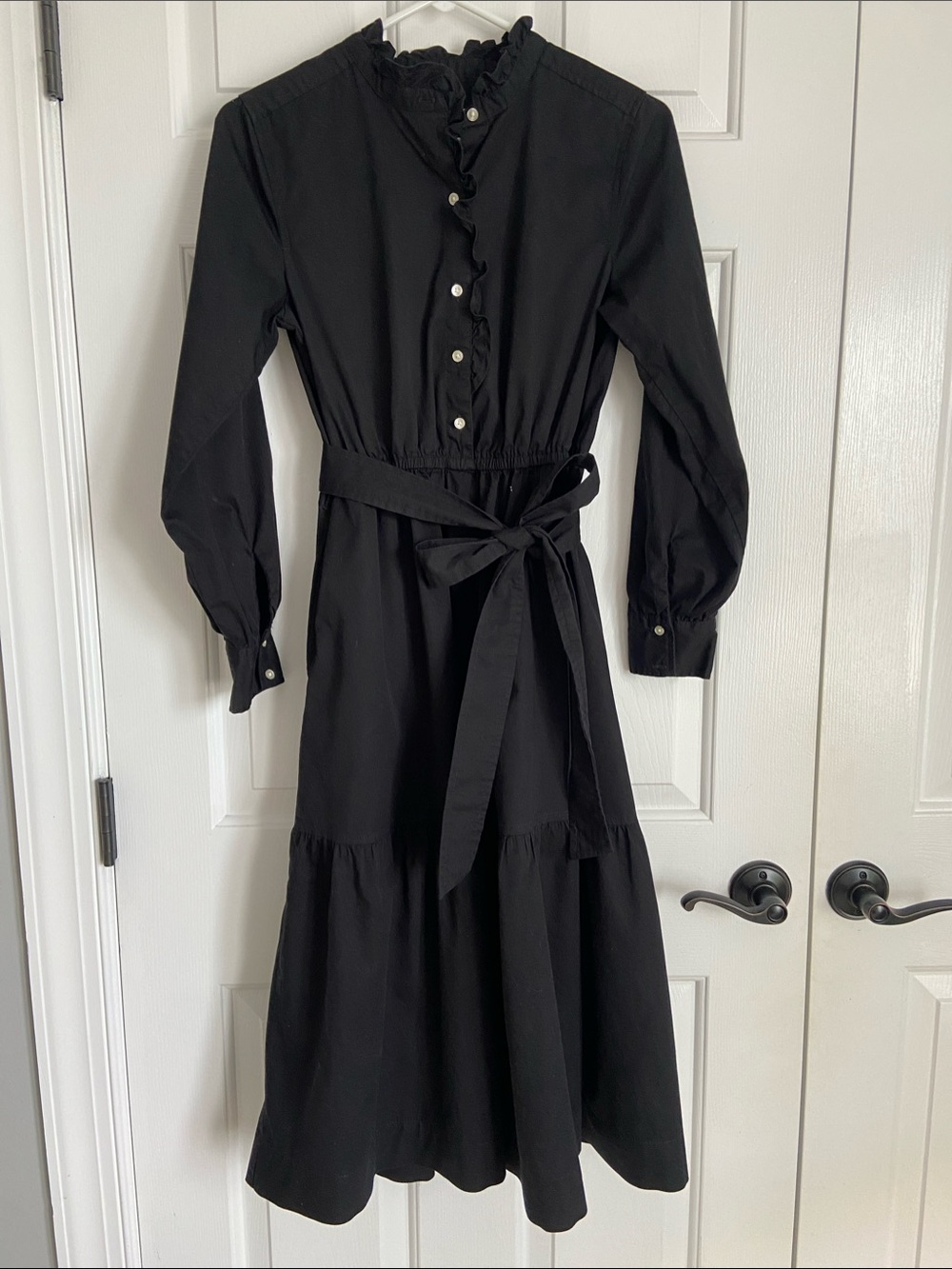 Black Long-Sleeve Ruffle-Trim Midi Dress with Self-Tie Belt and Pockets
